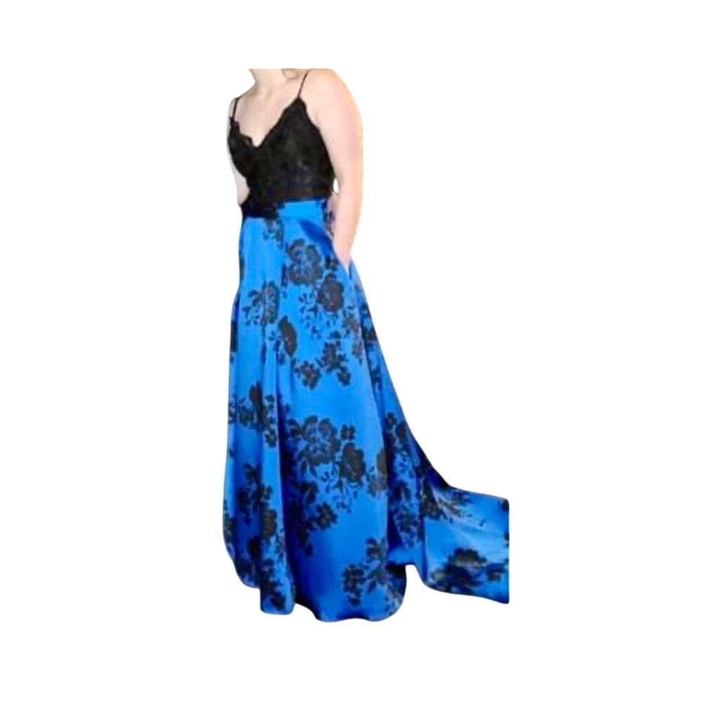 Formal Maxi Dress Women Size 4 Blue Floral Black Lace Pockets Open Back Zip Gown
